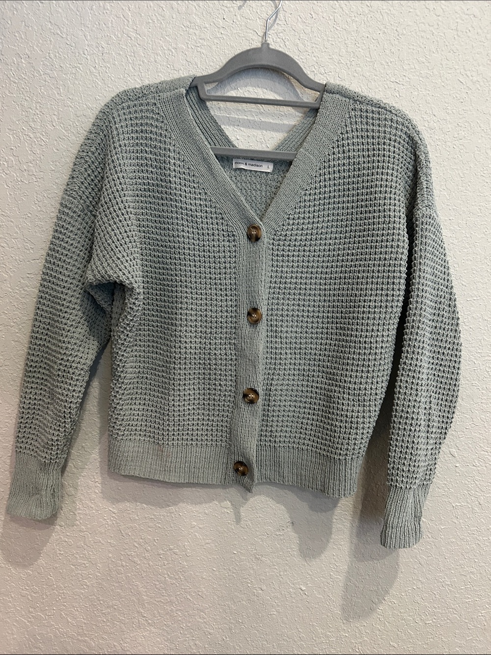 moon & madison Sage Green Waffle Knit Button Cardigan